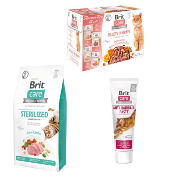 Brit Care Sterilised 7 kg + kapsičky 12 x 85 g + pasta 100 g - 10 % sleva - Flavour box