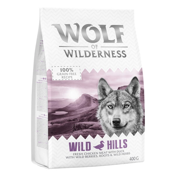 Wolf of Wilderness "Meadow Grounds" - králičí uši se srstí - jako doplněk: Wolf of Wilderness suché krmivo - "Wild Hills" (400 g)